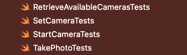 An image showing the tests around the use cases. It includes RetrieveAvailableCamerasTests, SetCameraTests, StartCameraTests and TakePhotoTests